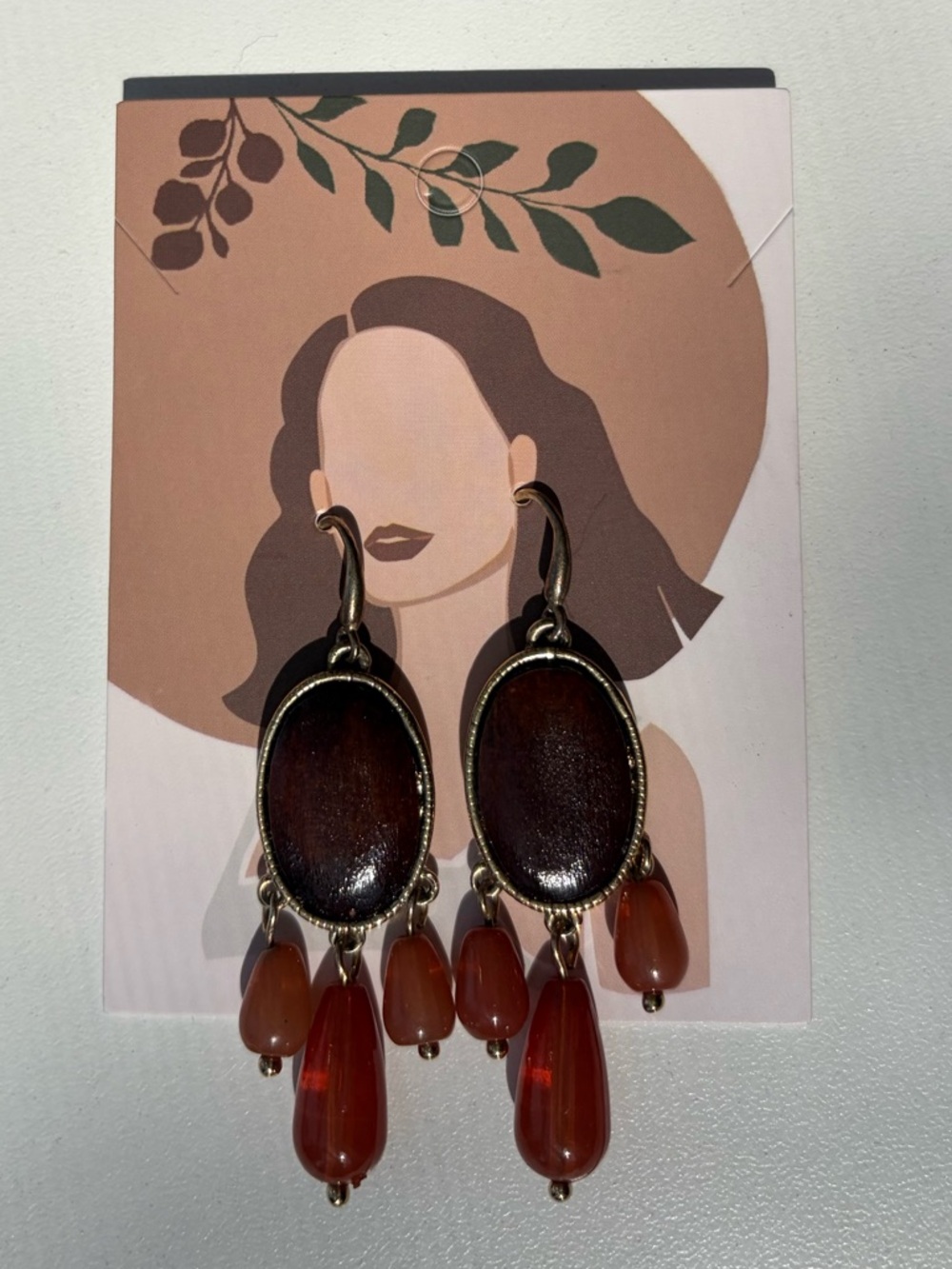 VTG Monet Dangle Earrings Wood Inlay Carnelian Style Beads Boho Artsy Whimsigoth